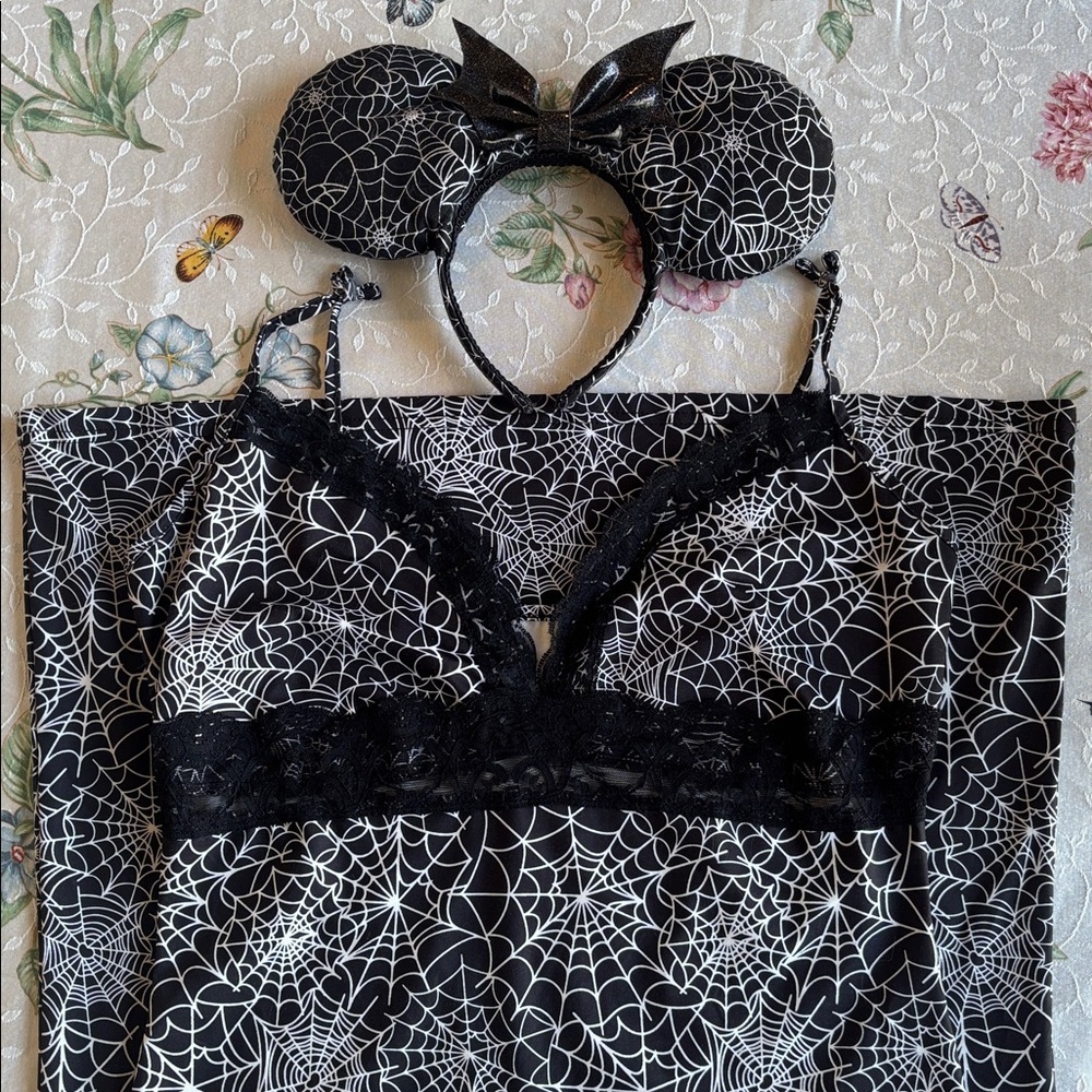 Disney Halloween Spiderweb Mickey Ears w/ Matching Black White Cobweb Slip Dress